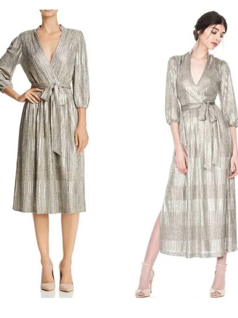 Alice and Olivia Katina Gathered Metallic Silver Wrap Midi Dress with Tie Waist
